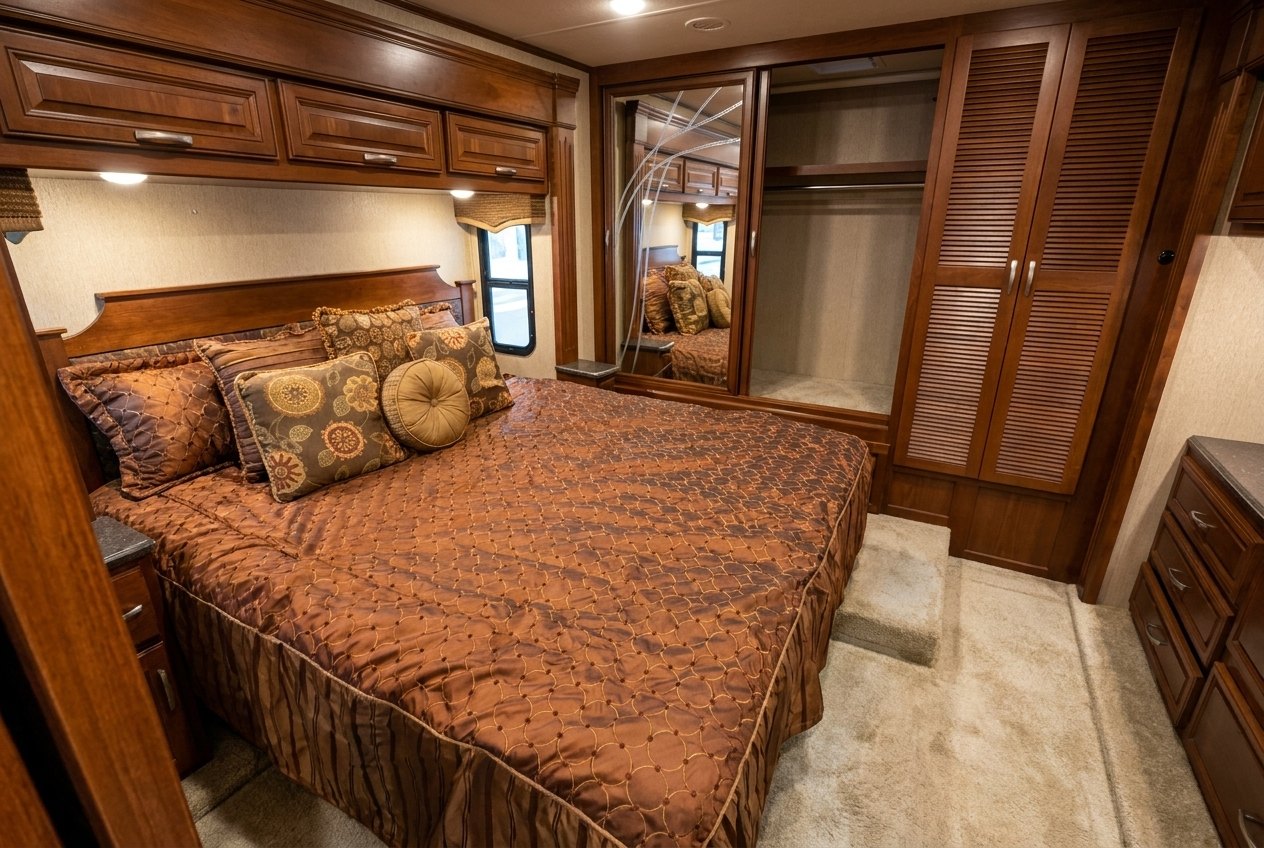 Rear private master suite with king Sleep Number bed and mirrored wardrobe
