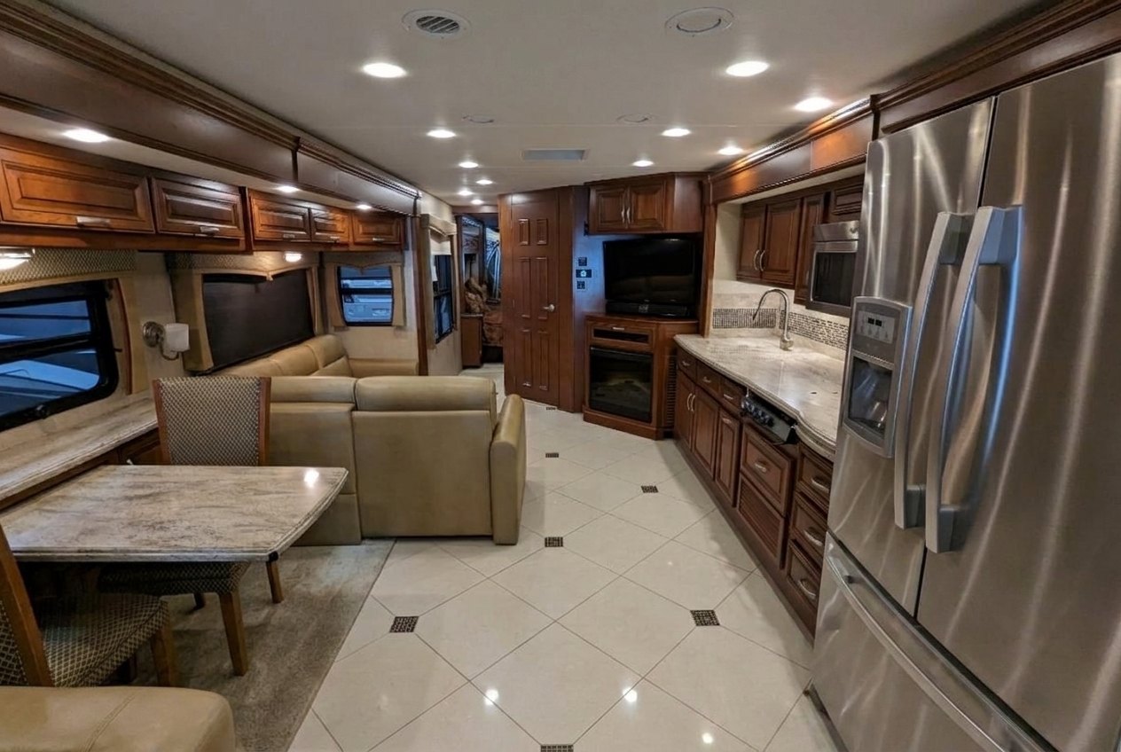 Wide view of the full-size residential kitchen with stainless French-door refrigerator