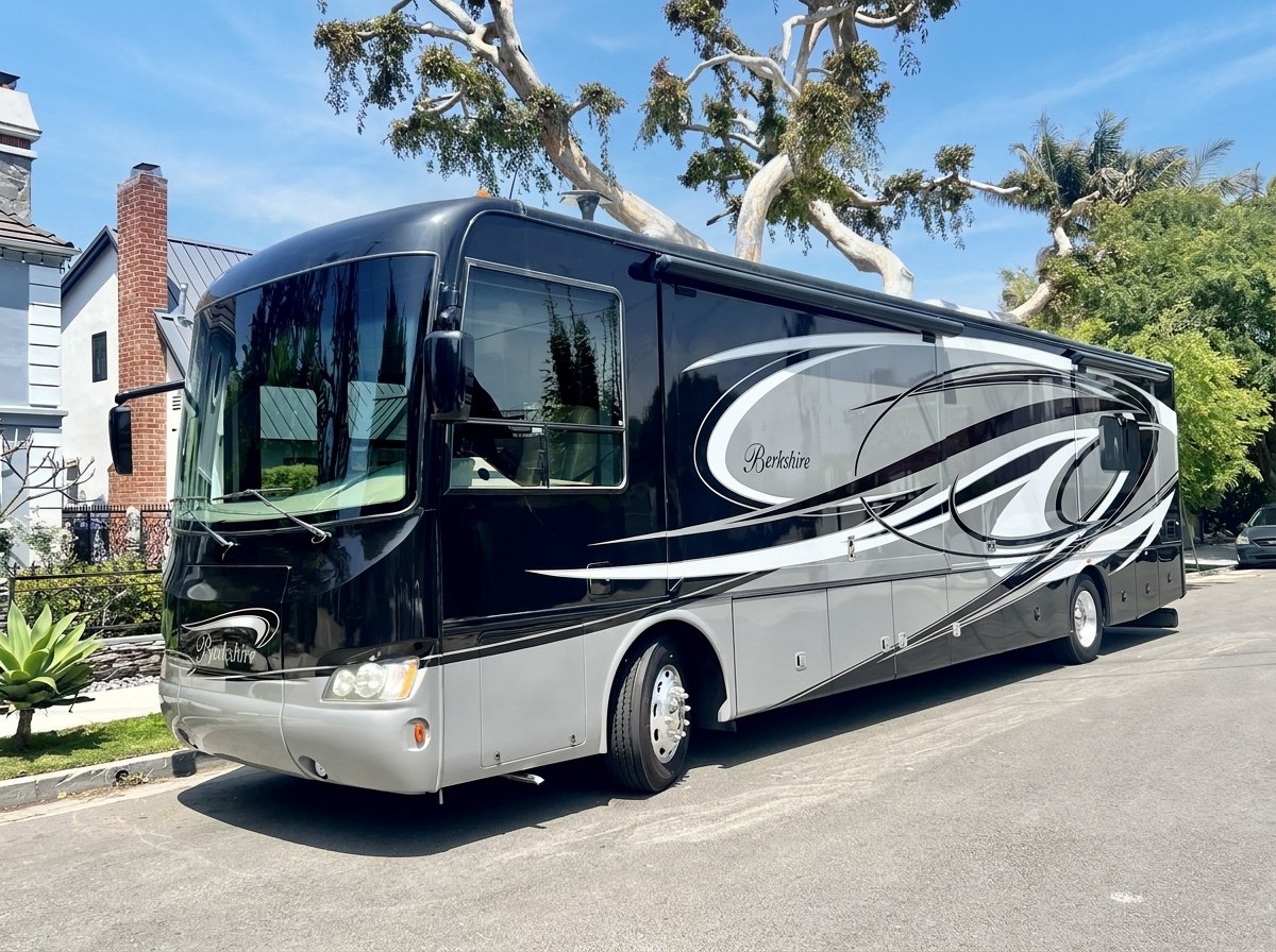 Front three-quarter exterior view of the 2014 Forest River Berkshire 400QL Class A diesel pusher