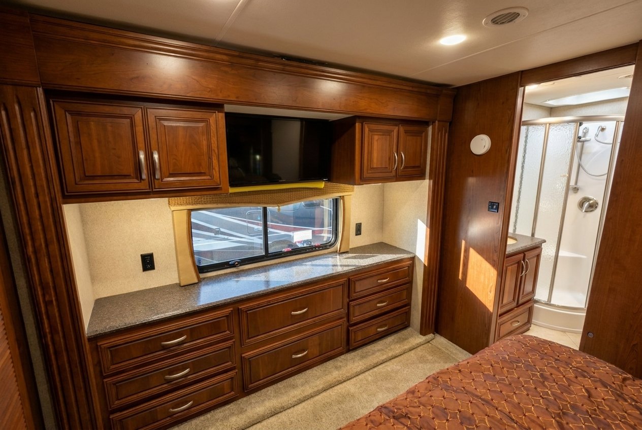 Bedroom dresser, overhead cabinetry and bedroom TV in the rear suite