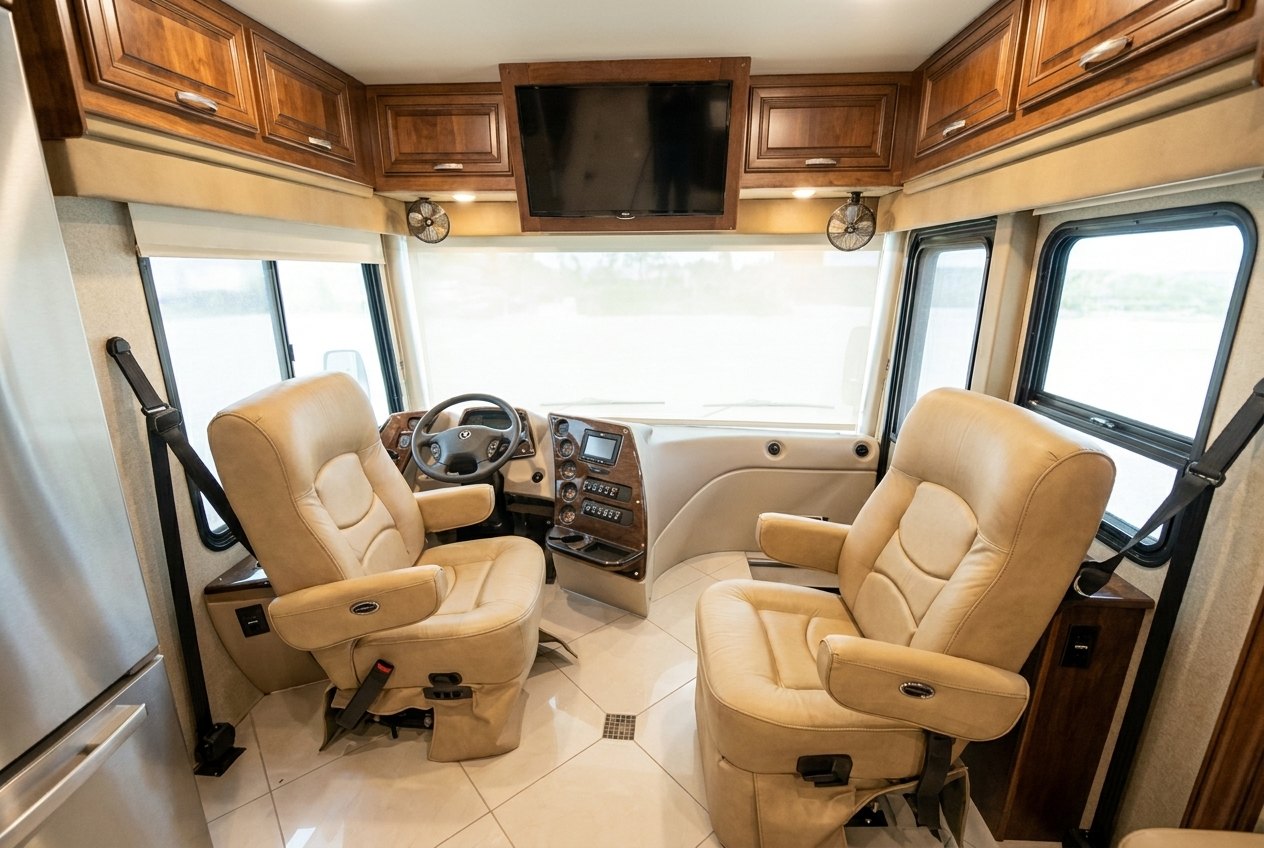 Cockpit with two captain's chairs, full driver dash and overhead TV