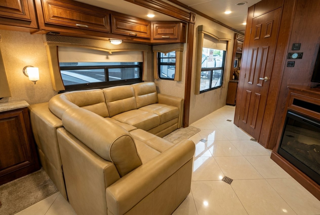 Close-up detail of the living-area sofa upholstery in the Berkshire 400QL