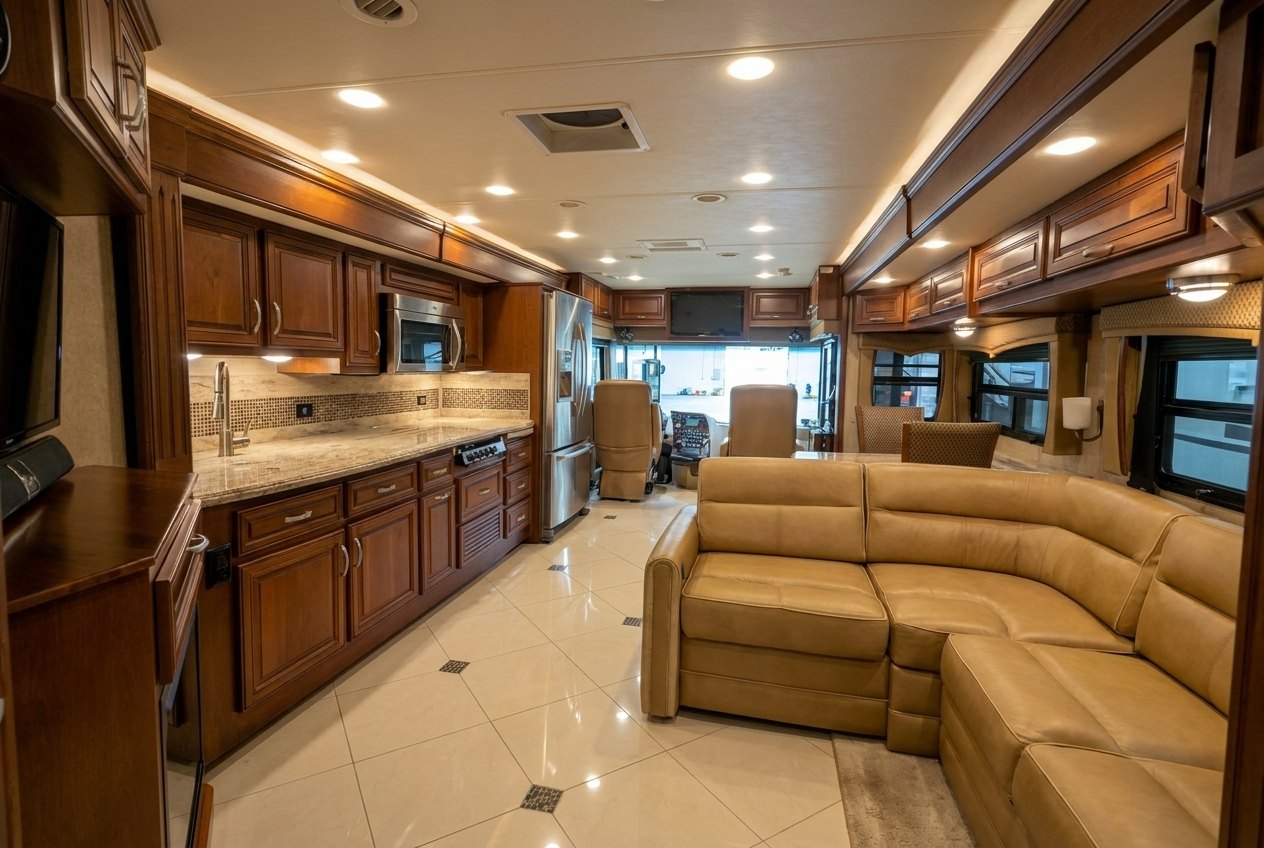 View from the living area toward the residential kitchen of the Berkshire 400QL