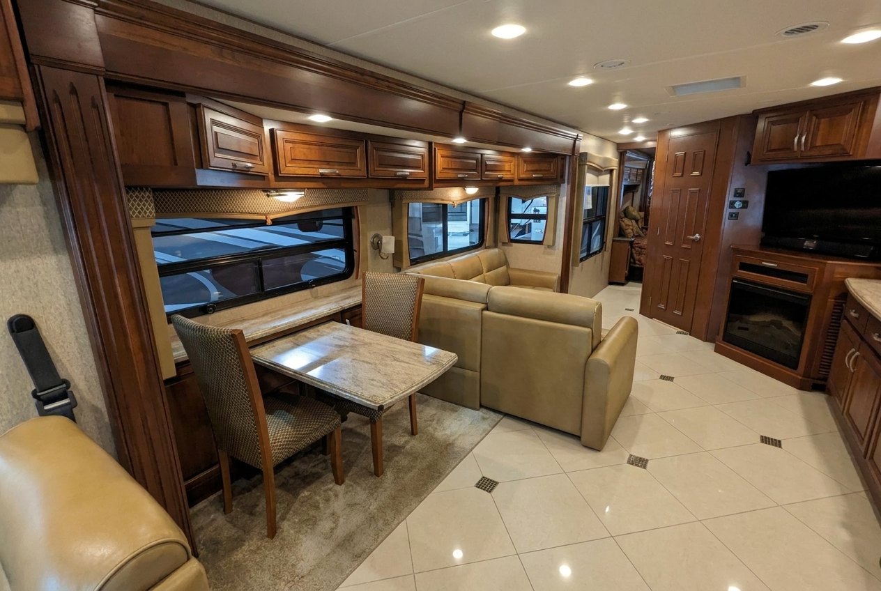 Living area with free-standing dinette and wraparound seating inside the Berkshire 400QL